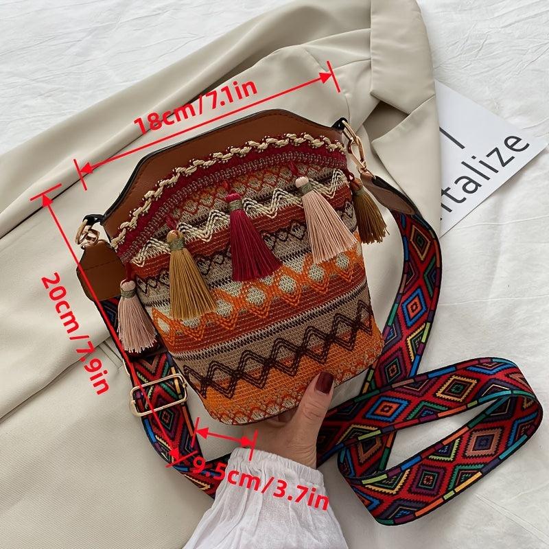 Geometric Embroidery Bucket Bag Tassel Decor Crossbody Bag