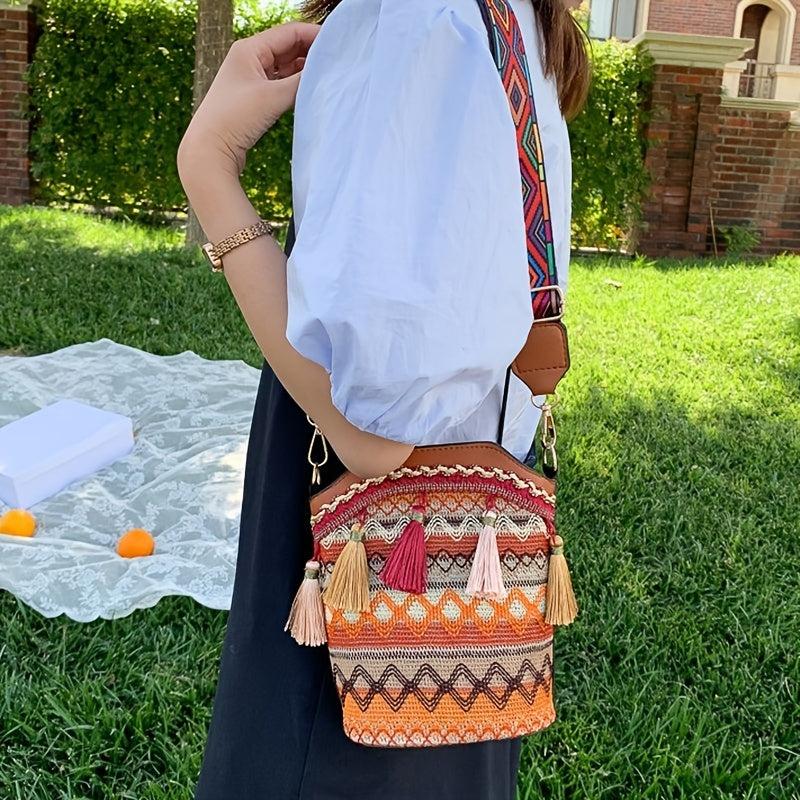 Geometric Embroidery Bucket Bag Tassel Decor Crossbody Bag