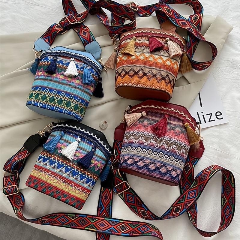 Geometric Embroidery Bucket Bag Tassel Decor Crossbody Bag