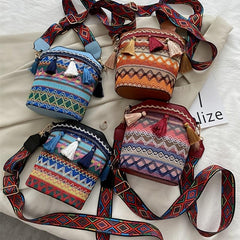 Geometric Embroidery Bucket Bag Tassel Decor Crossbody Bag