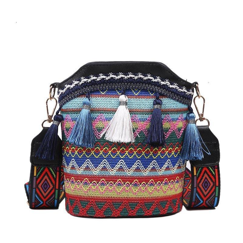 Geometric Embroidery Bucket Bag Tassel Decor Crossbody Bag