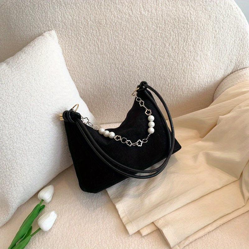 Corduroy Shoulder Bag Pearl Flower Chain Decor Underarm Handbag