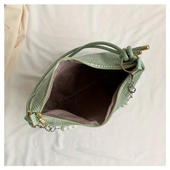 Corduroy Shoulder Bag Pearl Flower Chain Decor Underarm Handbag