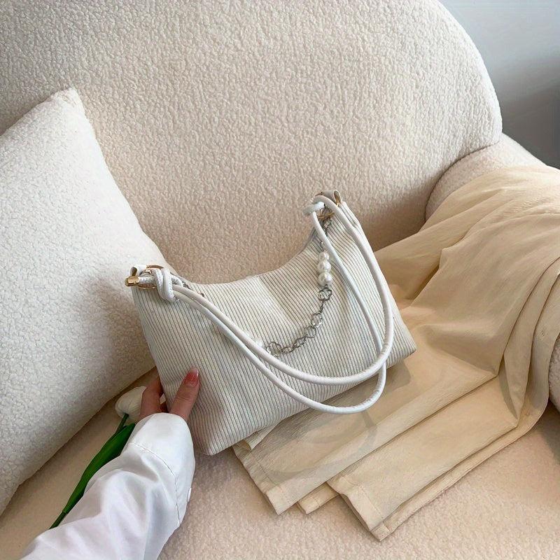 Corduroy Shoulder Bag Pearl Flower Chain Decor Underarm Handbag