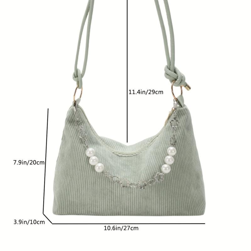 Corduroy Shoulder Bag Pearl Flower Chain Decor Underarm Handbag