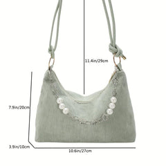 Corduroy Shoulder Bag Pearl Flower Chain Decor Underarm Handbag