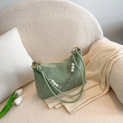 Corduroy Shoulder Bag Pearl Flower Chain Decor Underarm Handbag
