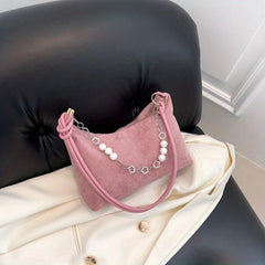 Corduroy Shoulder Bag Pearl Flower Chain Decor Underarm Handbag