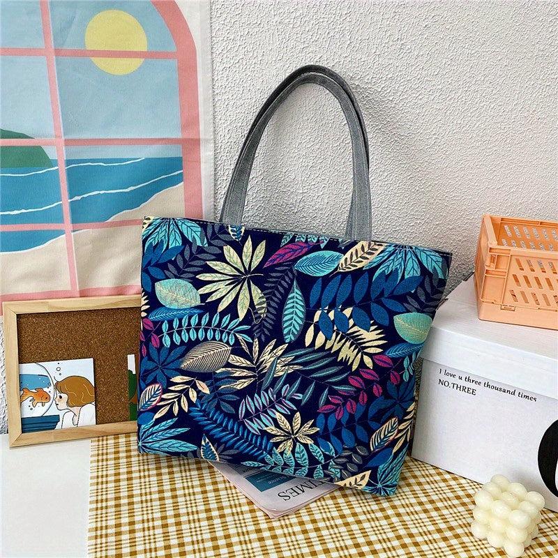 Flower Print Tote Bag Canvas Shoulder Bag Large Capacity Beach Bag