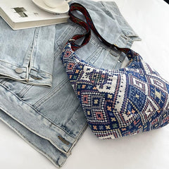 Ethnic Style Woven Crossbody Bag Geometric Pattern Bohemian Hobo Purse