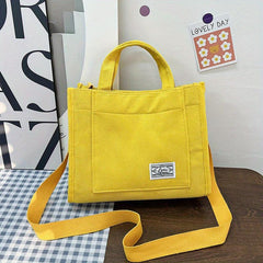 Women's Corduroy Tote Bag Crossbody Handbag Letter Patch Square