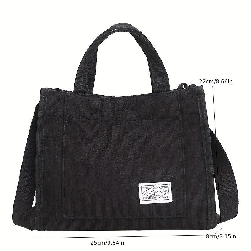 Women's Corduroy Tote Bag Crossbody Handbag Letter Patch Square
