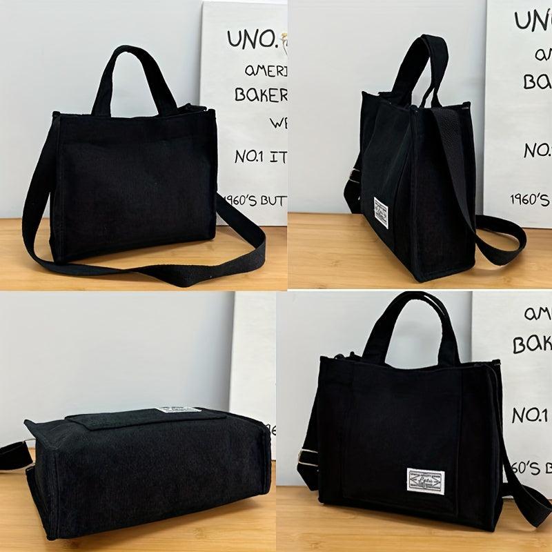 Women's Corduroy Tote Bag Crossbody Handbag Letter Patch Square