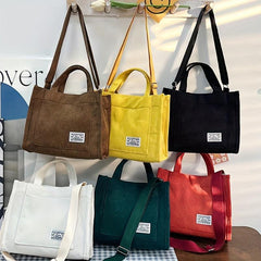 Women's Corduroy Tote Bag Crossbody Handbag Letter Patch Square