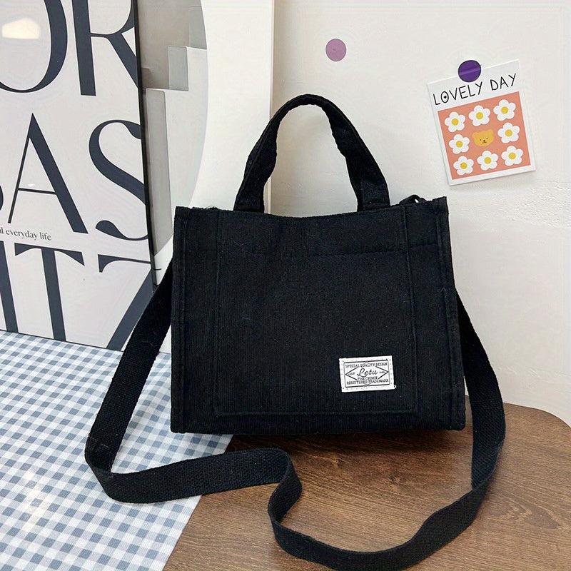 Women's Corduroy Tote Bag Crossbody Handbag Letter Patch Square