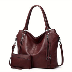 2pcs Large Capacity Tote Bag Wristlet Purse Set PU Leather Textured Shoulder Bag
