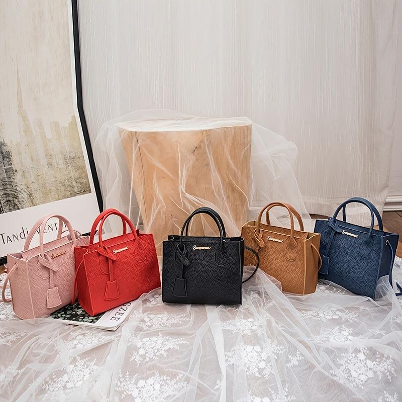 Litchi Embossed Square Handbag Mini Crossbody Bag Faux Leather Tote Bag