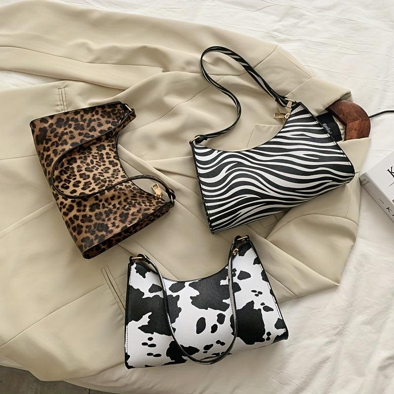 Animal Pattern Shoulder Bag Zipper PU Leather Underarm Bag Portable Handbag