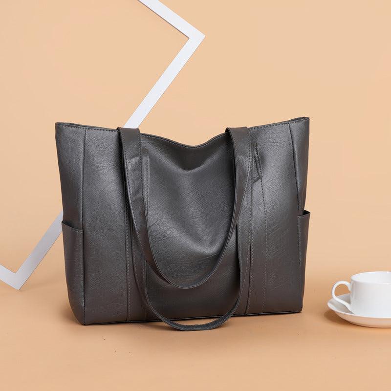 Solid Durable Shoulder Bag PU Leather Zipper Handbag