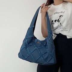 Denim Shoulder Bag Argyle Pattern Tassel Decor Hobo Bag Turn Lock Storage