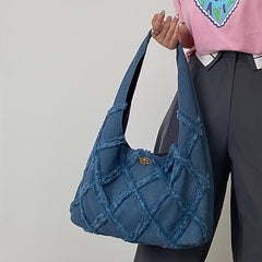 Denim Shoulder Bag Argyle Pattern Tassel Decor Hobo Bag Turn Lock Storage