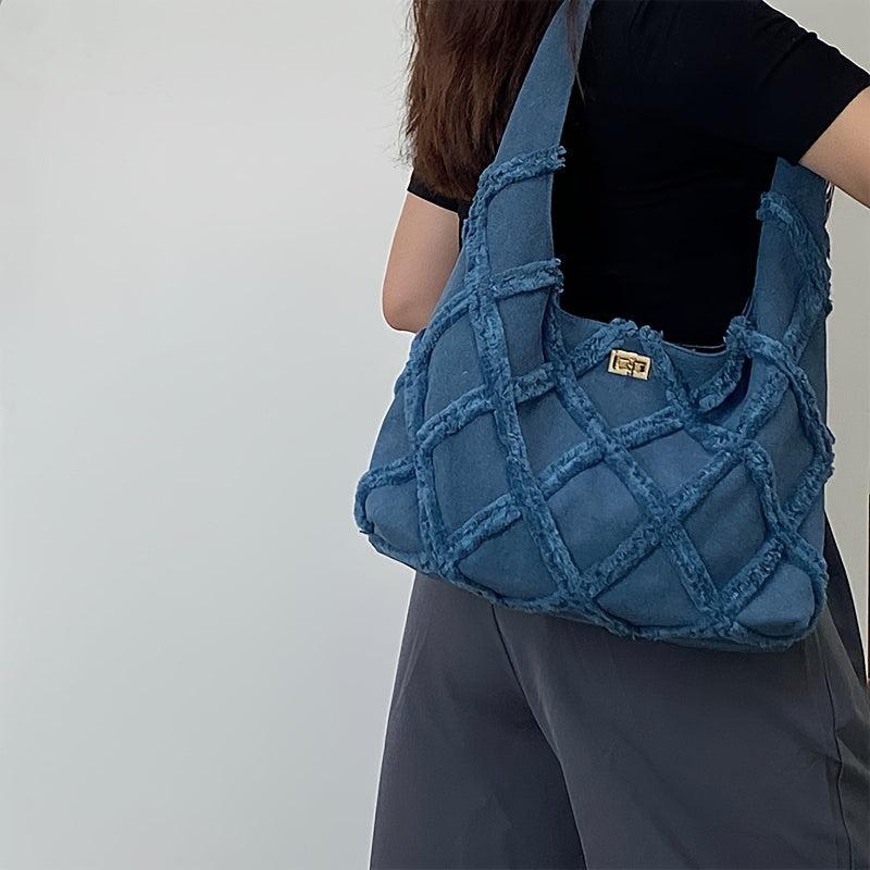 Denim Shoulder Bag Argyle Pattern Tassel Decor Hobo Bag Turn Lock Storage