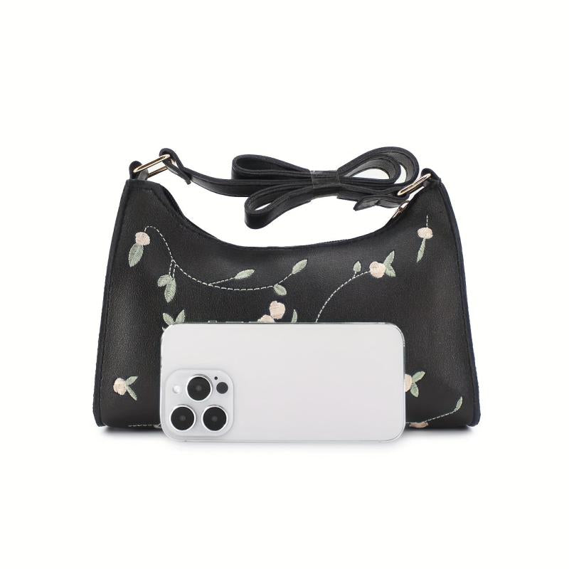 Floral Embroidery Baguette Bag PU Leather Handbag
