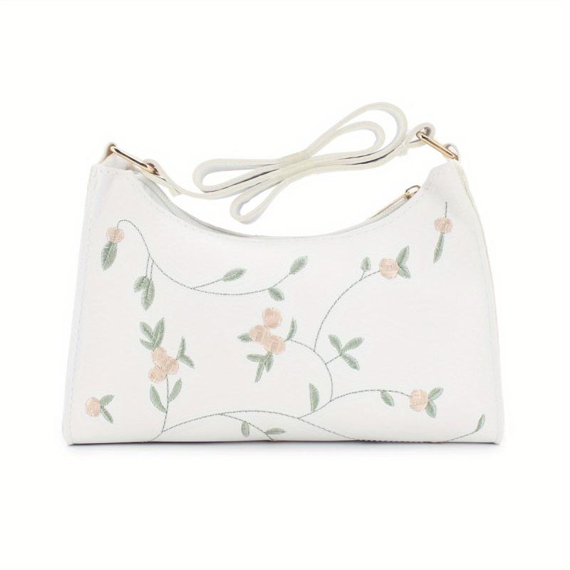 Floral Embroidery Baguette Bag PU Leather Handbag