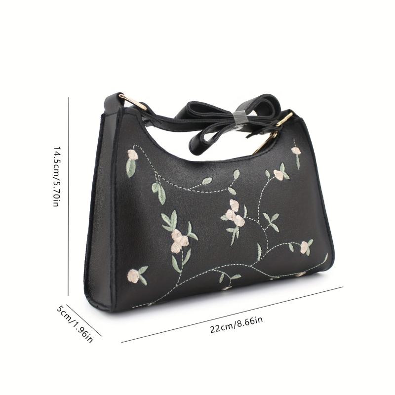 Floral Embroidery Baguette Bag PU Leather Handbag