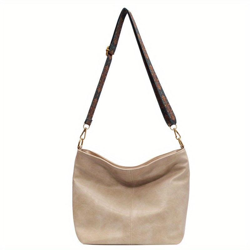 Large Capacity Wide Strap Tote Bag PU Leather Textured Shoulder Hobo Bag