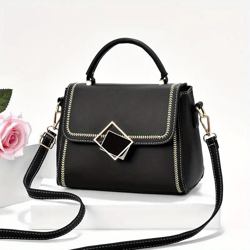 Portable Top Handle Shoulder Bag PU Leather Square Flap Handbag
