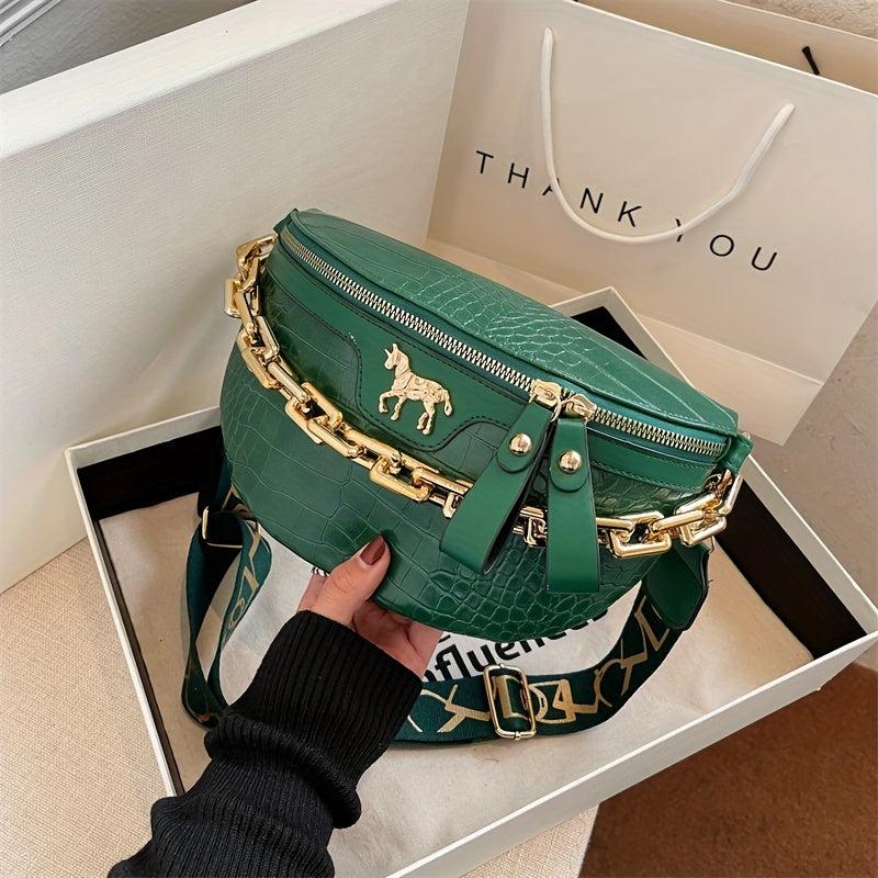 Crocodile Embossed Fanny Pack Chain Crossbody Bag Women's PU Leather Waist Purse