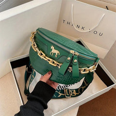 Crocodile Embossed Fanny Pack Chain Crossbody Bag Women's PU Leather Waist Purse