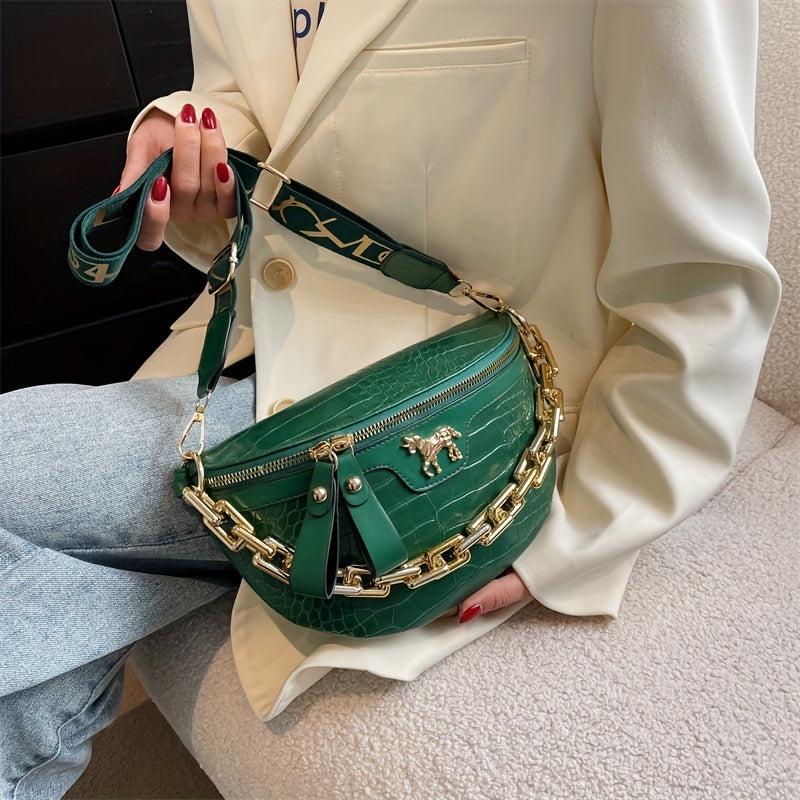 Crocodile Embossed Fanny Pack Chain Crossbody Bag Women's PU Leather Waist Purse