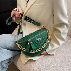 Crocodile Embossed Fanny Pack Chain Crossbody Bag Women's PU Leather Waist Purse