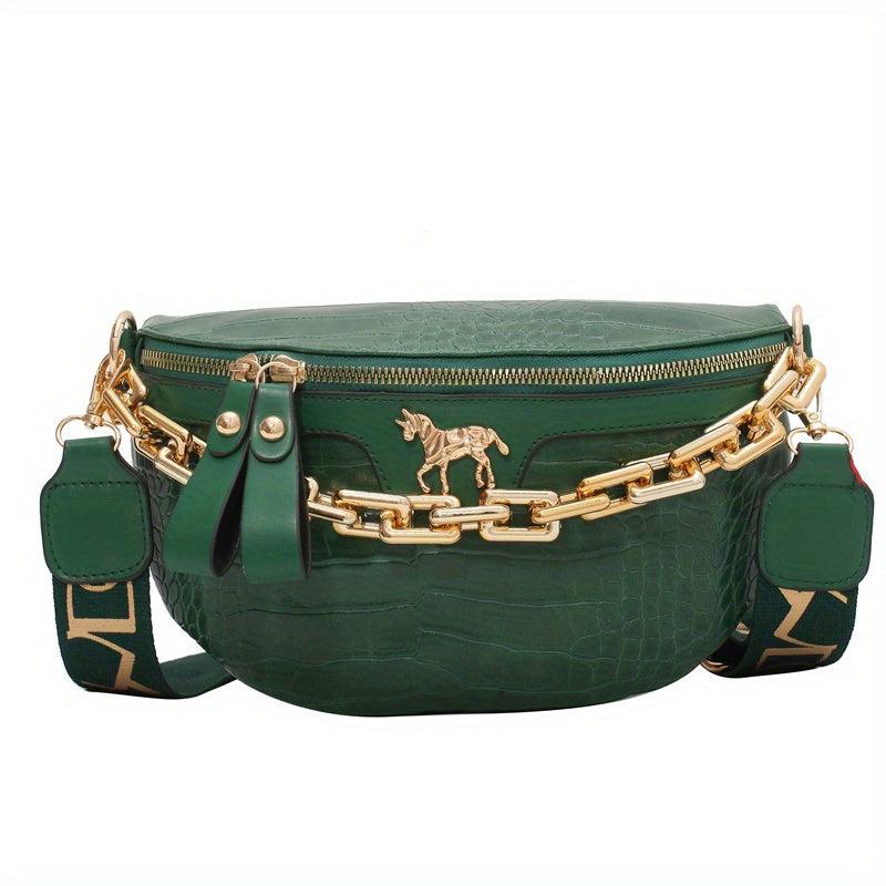 Crocodile Embossed Fanny Pack Chain Crossbody Bag Women's PU Leather Waist Purse