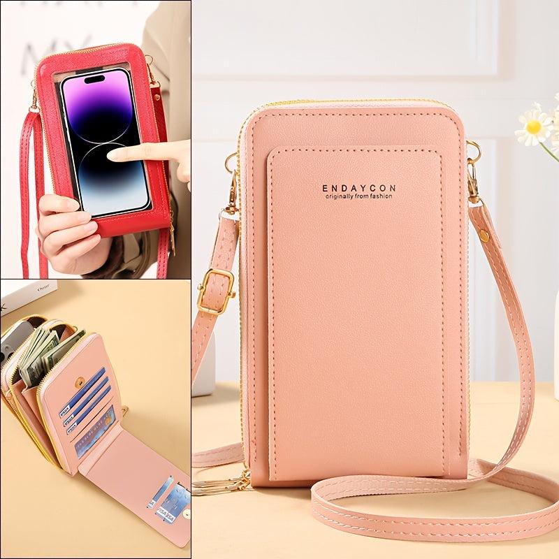 Touch Screen Phone Bag Double Zipper Crossbody Faux Leather Purse