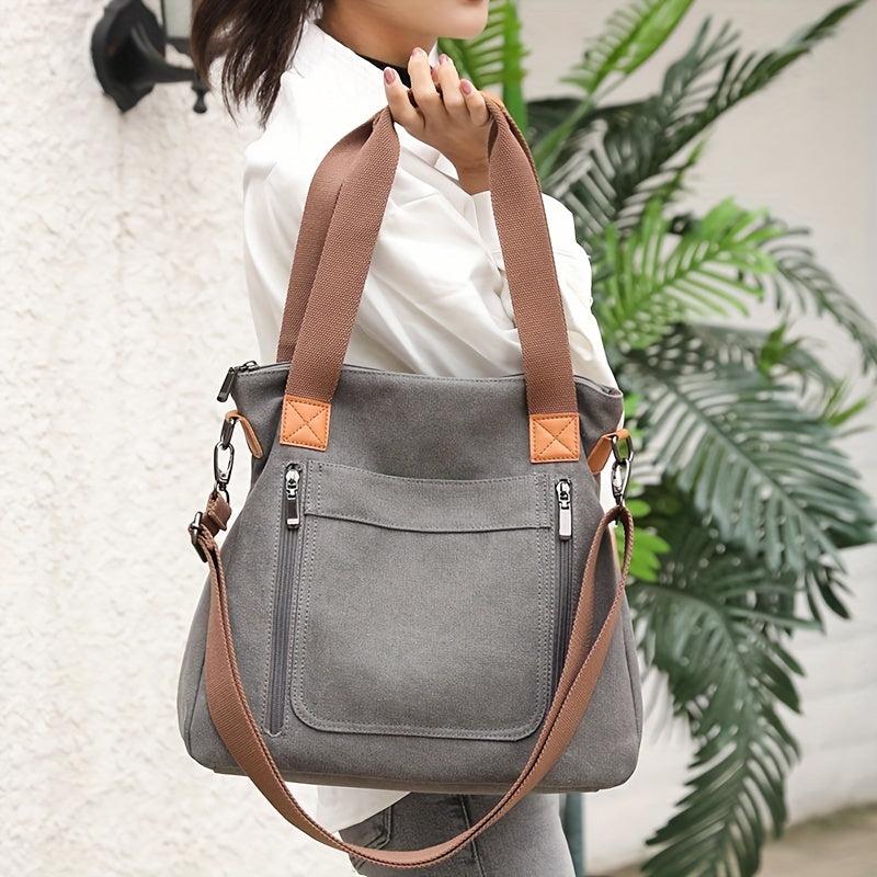 Solid Canvas Tote Bag Large Capacity Crossbody Bag Portable Travel Shoulder Bag