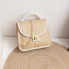 Straw Crossbody Bag with Chain Shoulder Strap and Pearl Handle