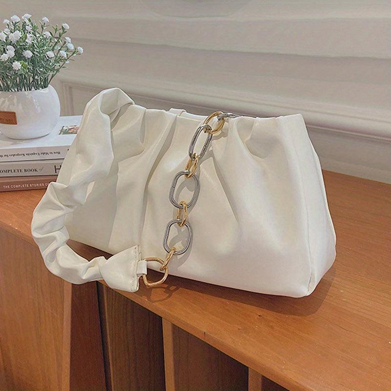 Ruched Shoulder Bag Women's PU Chain Handbag Solid Underarm Purse