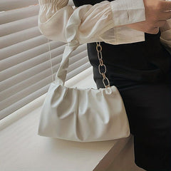 Ruched Shoulder Bag Women's PU Chain Handbag Solid Underarm Purse