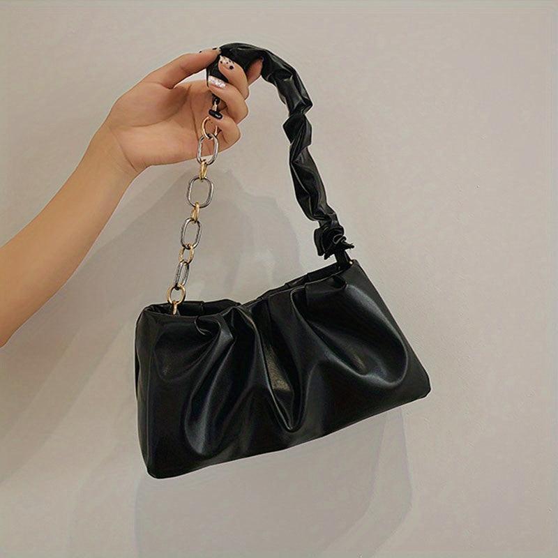 Ruched Shoulder Bag Women's PU Chain Handbag Solid Underarm Purse