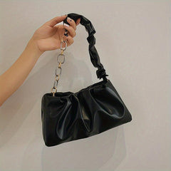 Ruched Shoulder Bag Women's PU Chain Handbag Solid Underarm Purse