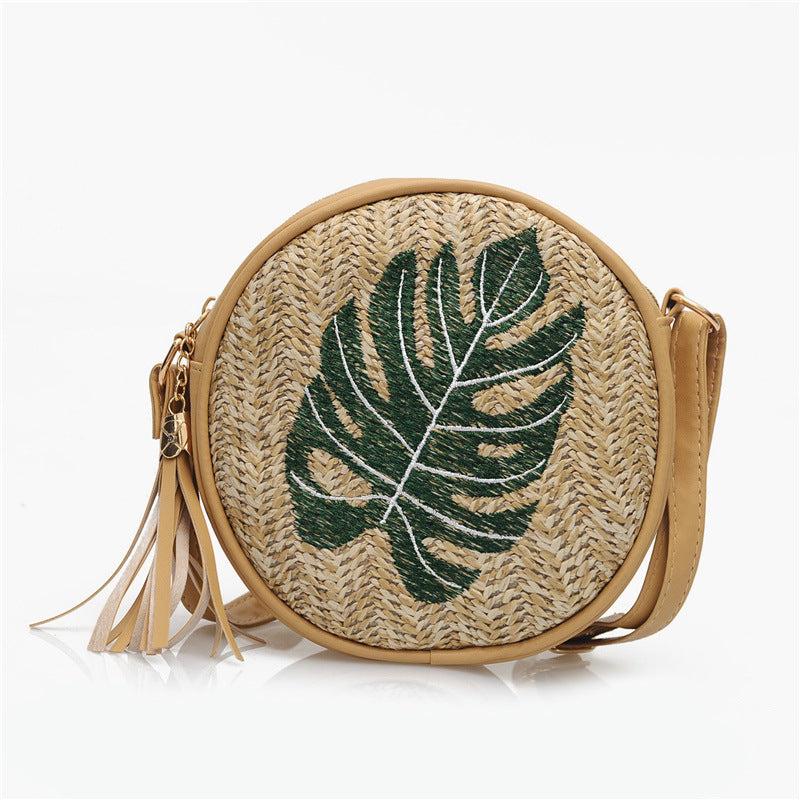 Leaf Embroidered Crossbody Bag Women's Straw Round Purse Tassel Summer Beach Bag