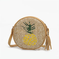 Leaf Embroidered Crossbody Bag Women's Straw Round Purse Tassel Summer Beach Bag