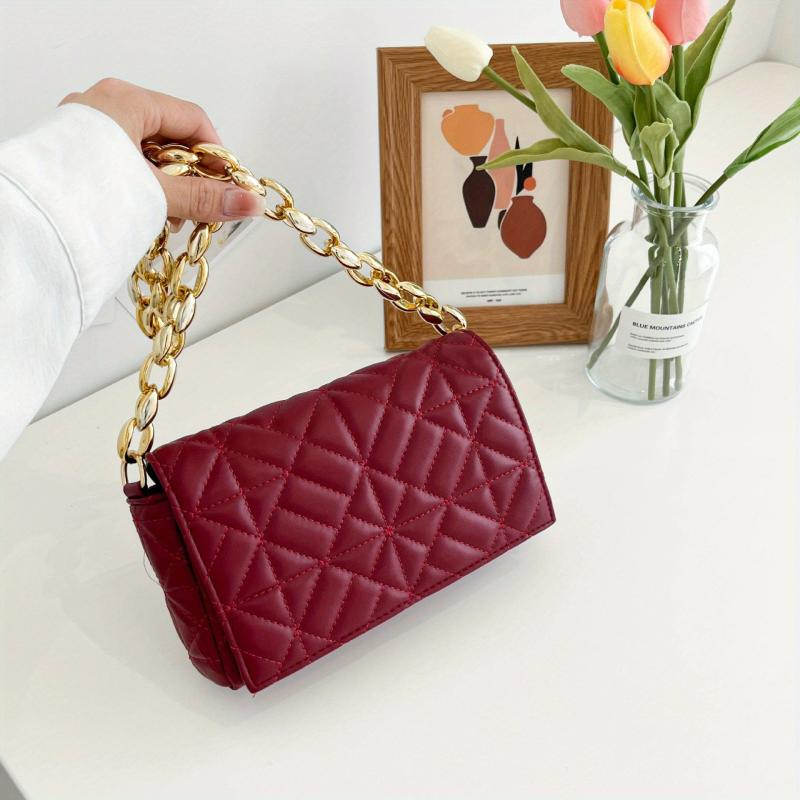 Quilted Chain Bag Solid Flap Shoulder Bag Stylish PU Leather Underarm Bag