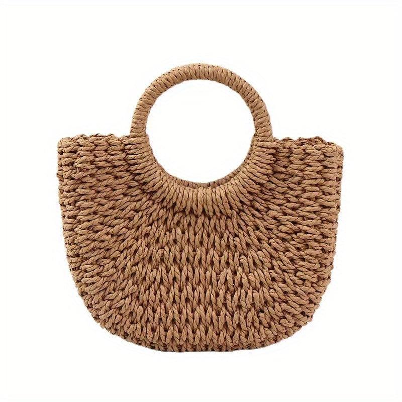Round Top Handle Straw Bag Large Capacity Tote Bag