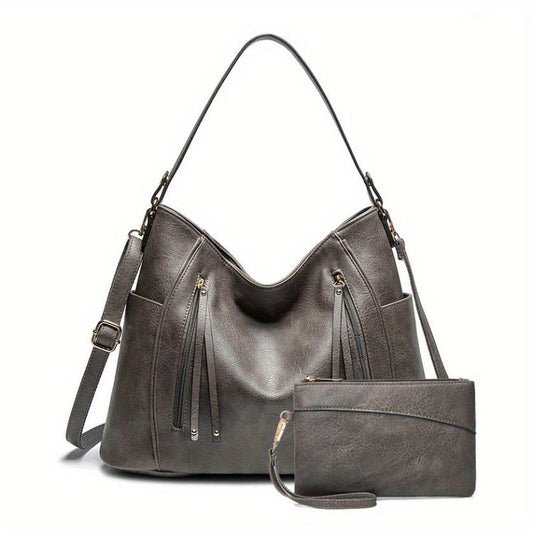 2pcs Large Capacity Tote Bag Wristlet Purse Set PU Leather Textured Shoulder Bag