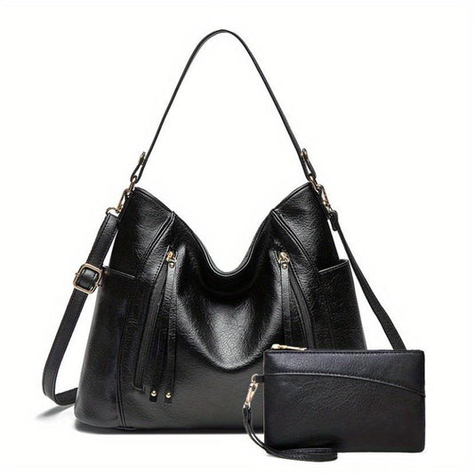 2pcs Large Capacity Tote Bag Wristlet Purse Set PU Leather Textured Shoulder Bag