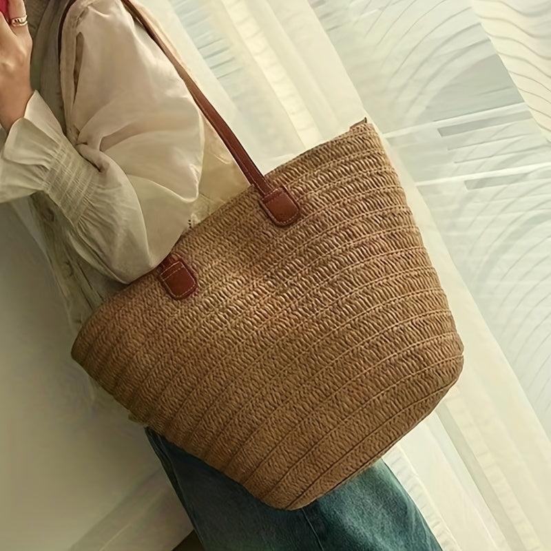 Straw Woven Beach Bag Large Capacity Boho Style Tote Bag